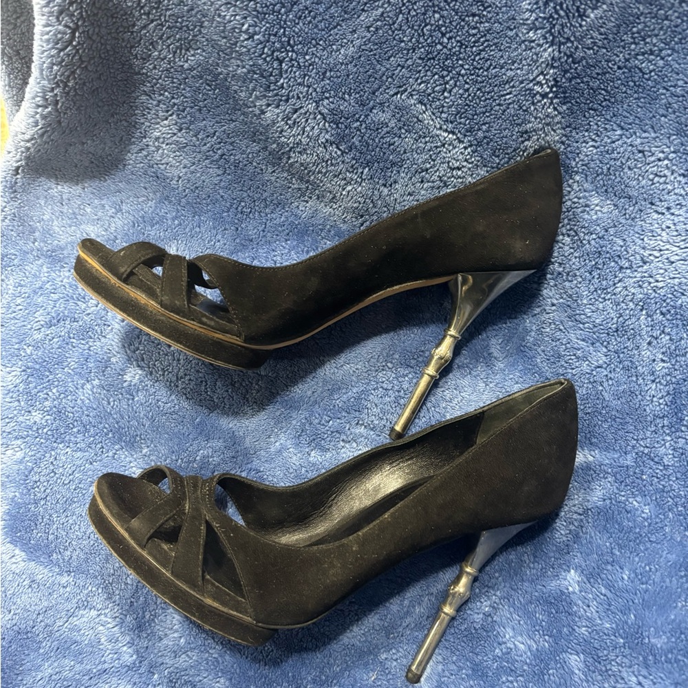 Gucci Debra Black Suede Bamboo Heel Open Toe Pumps - Picture 7 of 10